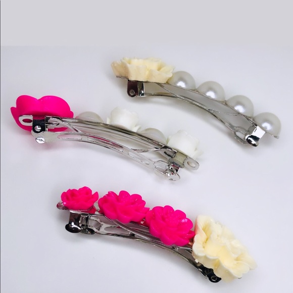 ♡ 2 for 20$ ♡Pink Pearl Flower Hair Barrette Clips - Picture 5 of 7